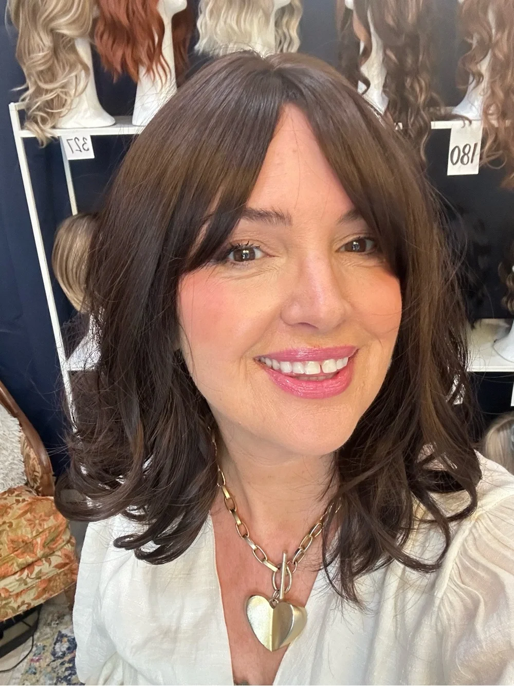 372  Dark Brown Bouncy curl 14” Wavy synthetic Wig with curtain bangs